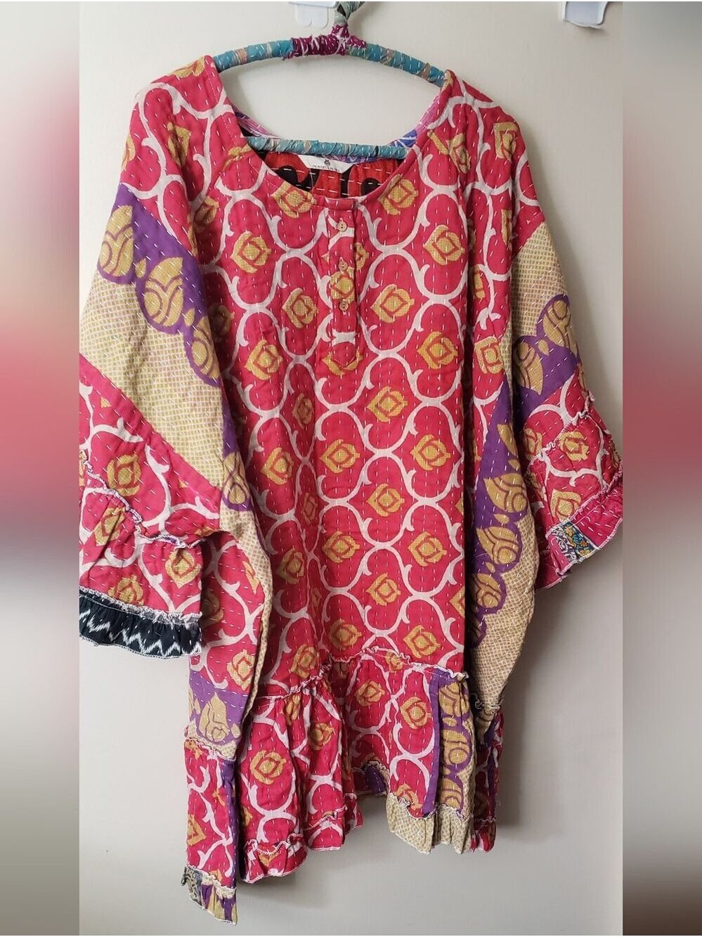New Fun Bohemian Pink Patterned Mid Ruffle-Sleeve Kantha Dress/Tunic